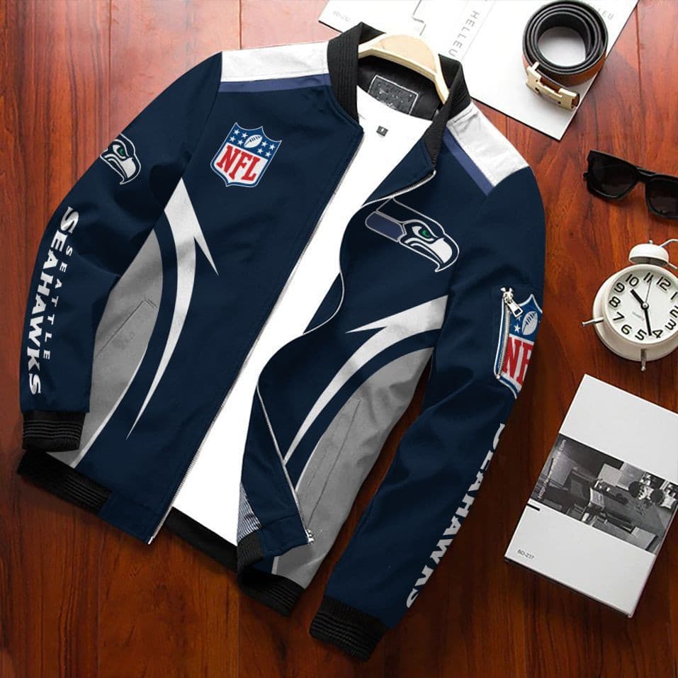 Seattle Seahawks Football Team Bomber Jacket Full Zip Up Jacket For Nfl Fan Sport Warm Winter Coat