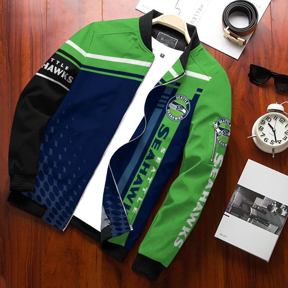 Seattle Seahawks Football Team Bomber Jacket Full Zip Up Jacket For Nfl Fan Sport All Season Wear
