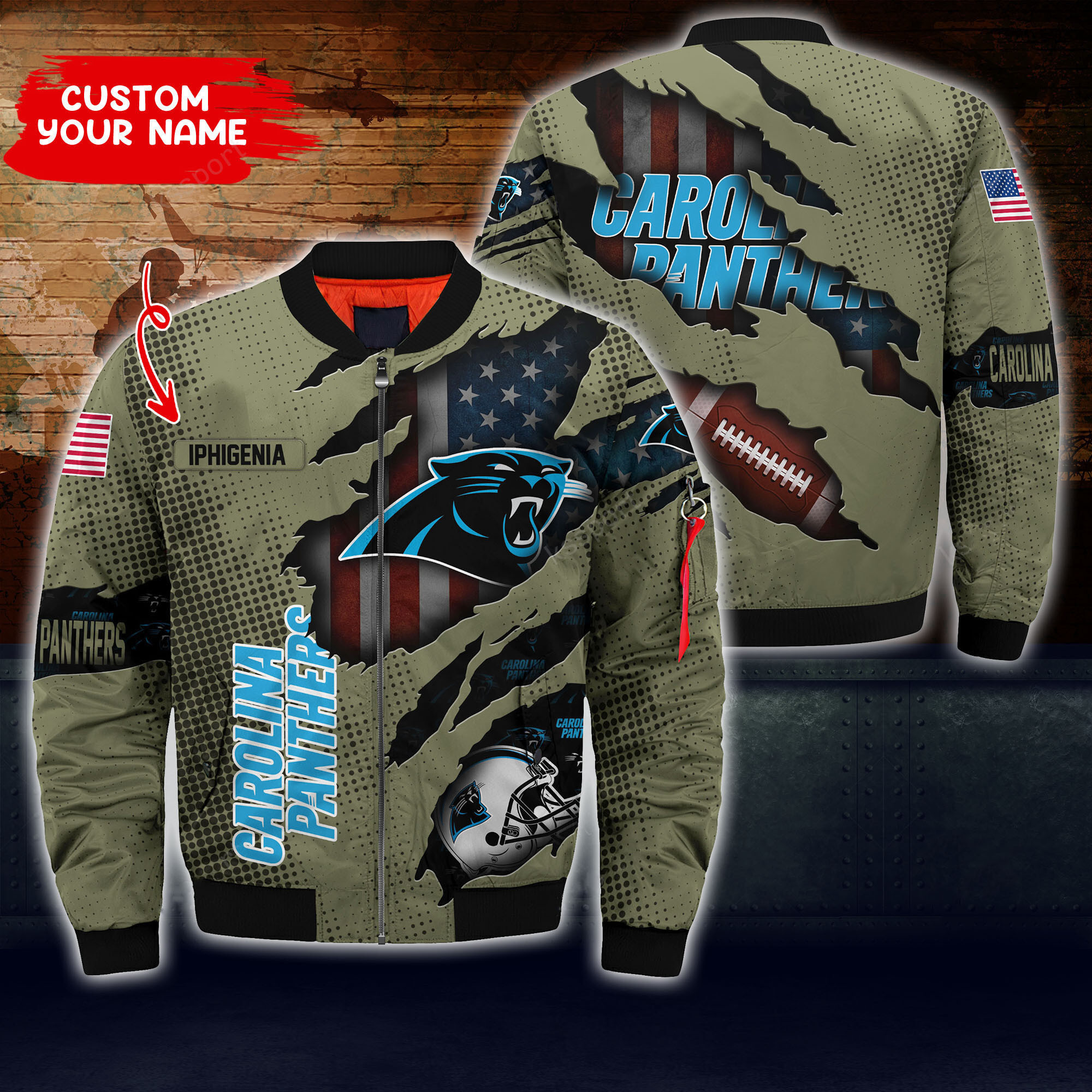 Carolina Panthers Personalized Thick Full Zip Bomber Jacket