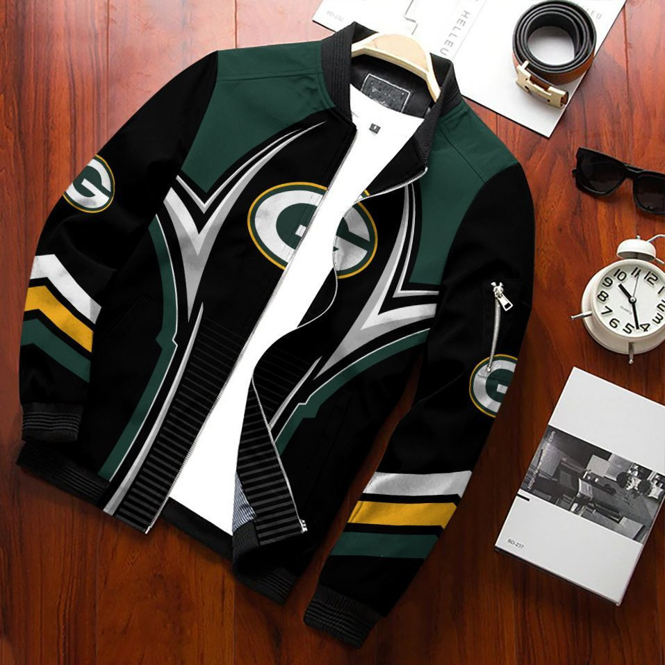 Green Bay Packers Football Team Bomber Jacket Full Zip Jacket For Nfl Fan Sport