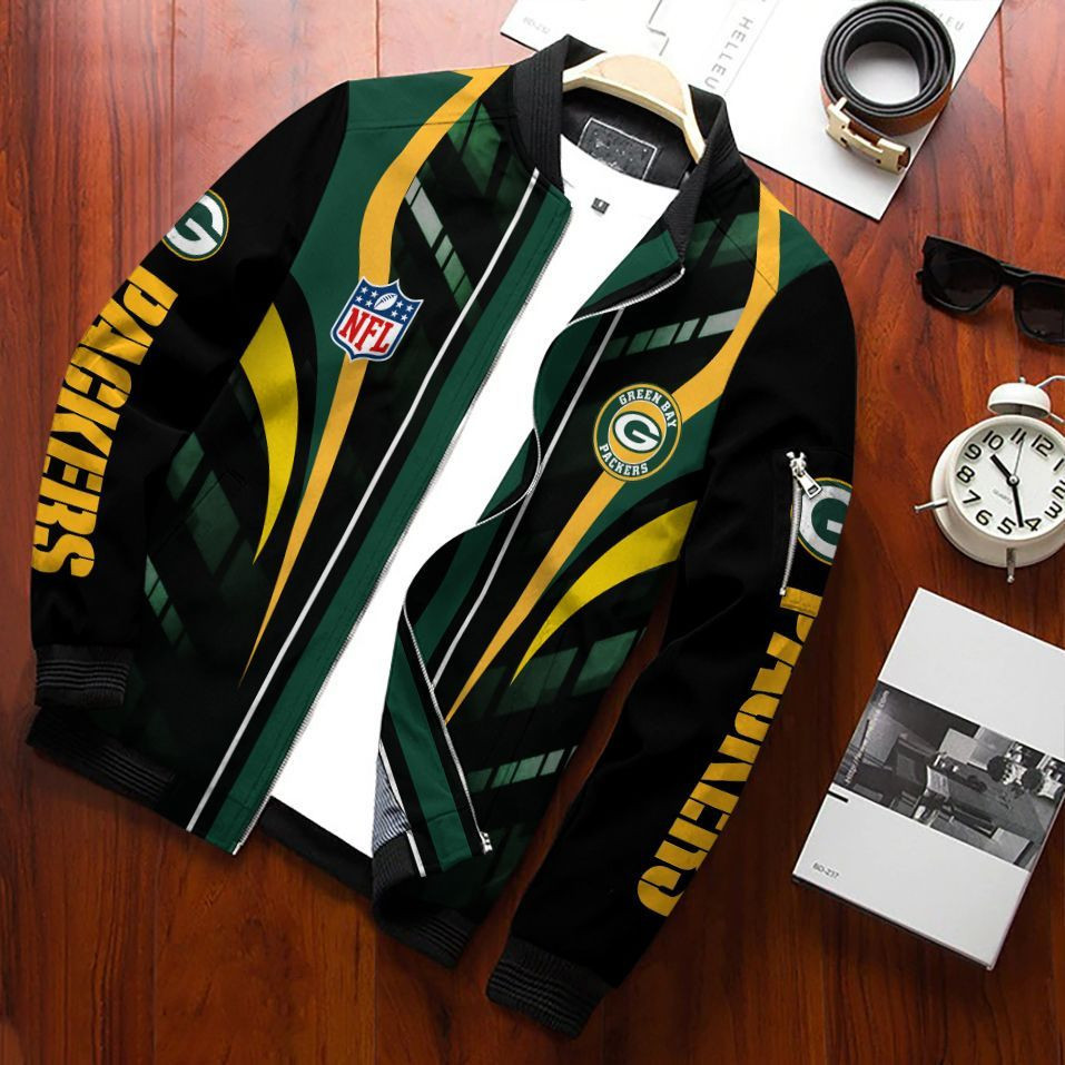 Green Bay Packers Football Team Bomber Jacket Full Zip Jacket For Nfl Fan Sport Warm Winter Coat