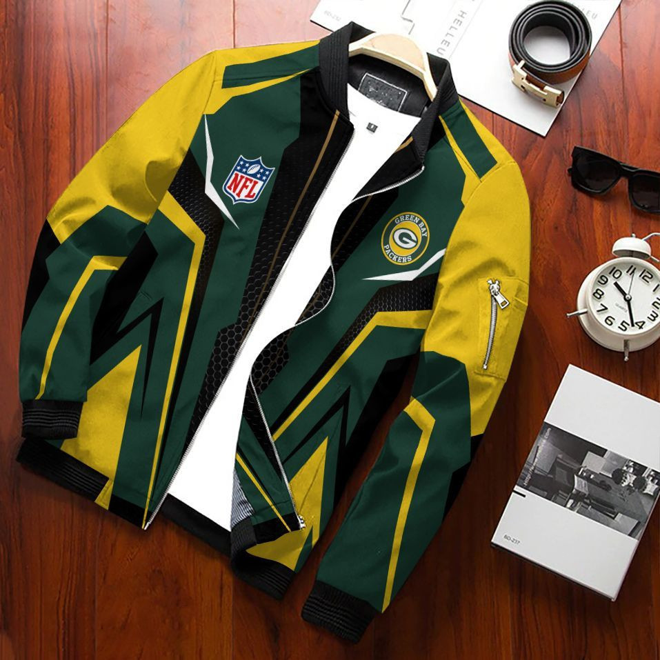 Green Bay Packers Football Team Bomber Jacket Full Zip Jacket For Nfl Fan Sport Casual Fashion