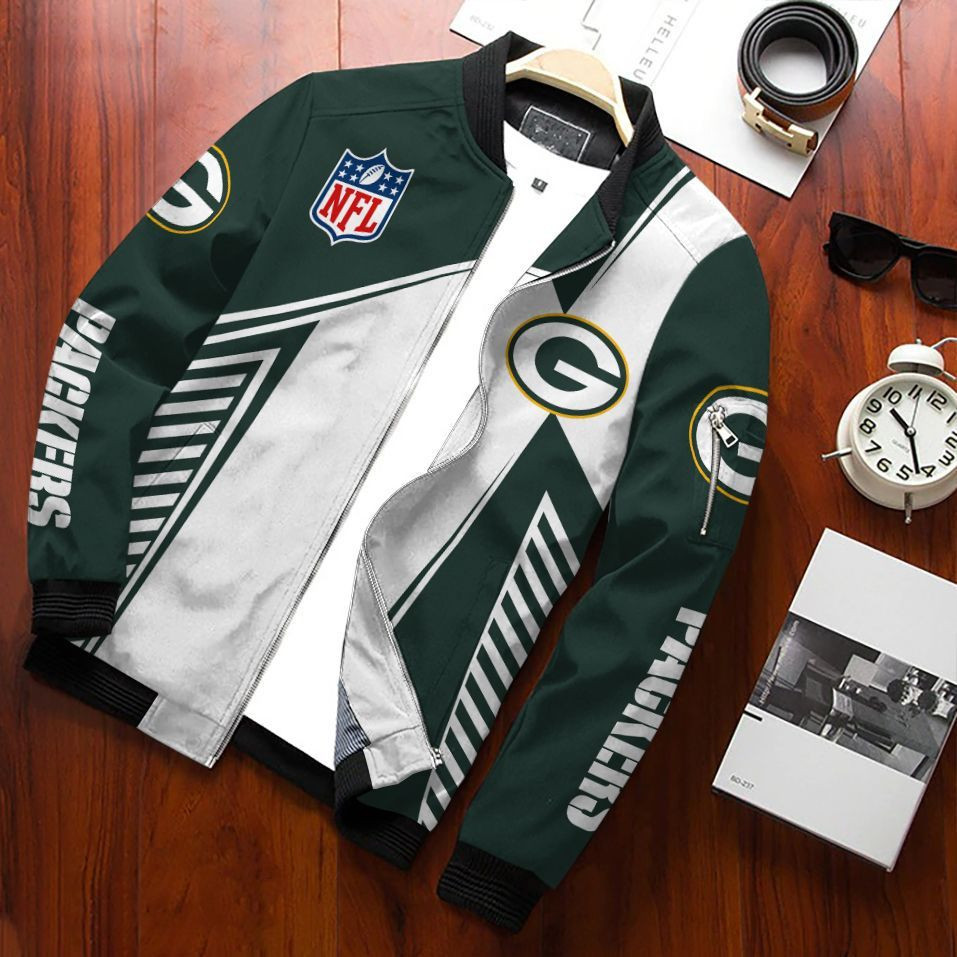 Green Bay Packers Football Team Bomber Jacket Full Zip Jacket For Nfl Fan Sport Fall Outfit