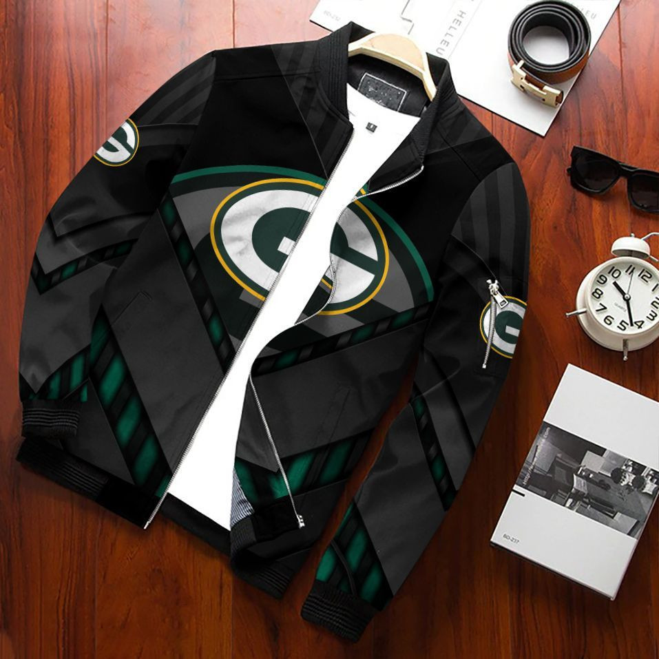 Green Bay Packers Football Team Bomber Jacket Full Zip Jacket For Nfl Fans Sport Fall Outfit