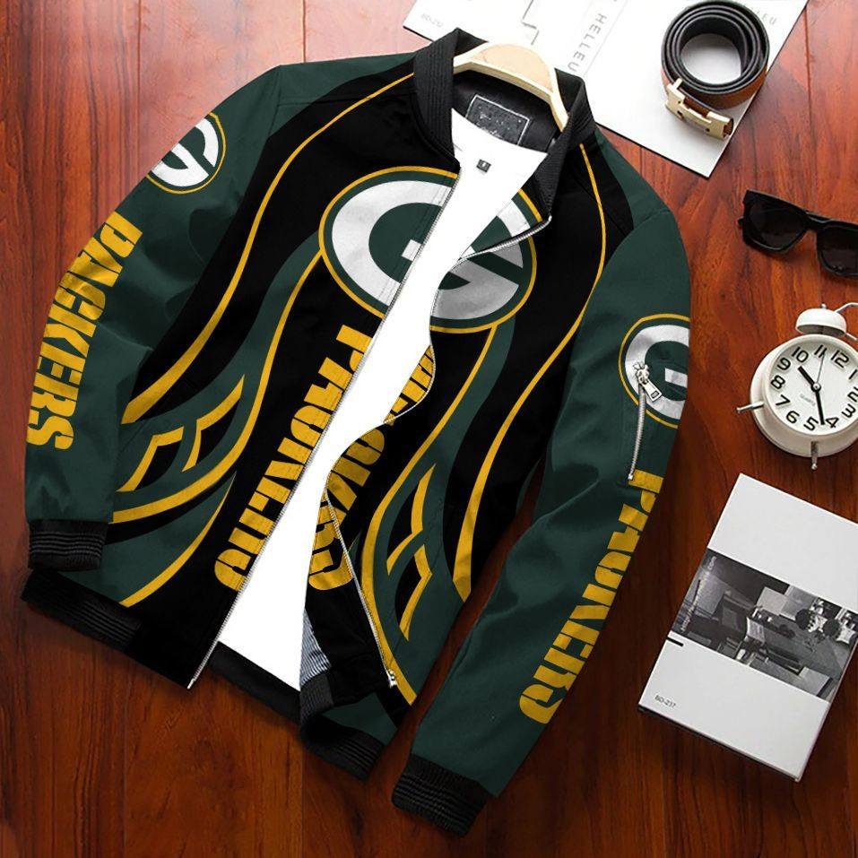 Green Bay Packers Football Team Bomber Jacket Full Zip Jacket For Nfl Fan