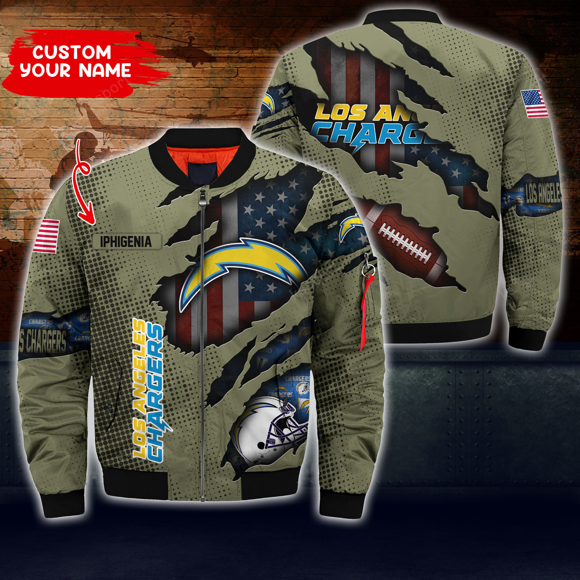 Los Angeles Chargers Personalized Thick Full Zip Bomber Jacket