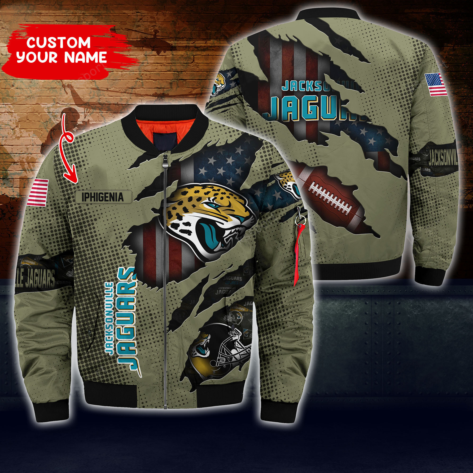 Jacksonville Jaguars Personalized Thick Full Zip Bomber Jacket
