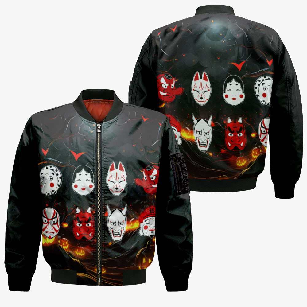 Japanese Traditional Masks Anime Bomber Jacket Halloween Clothes For Anime Manga Fans