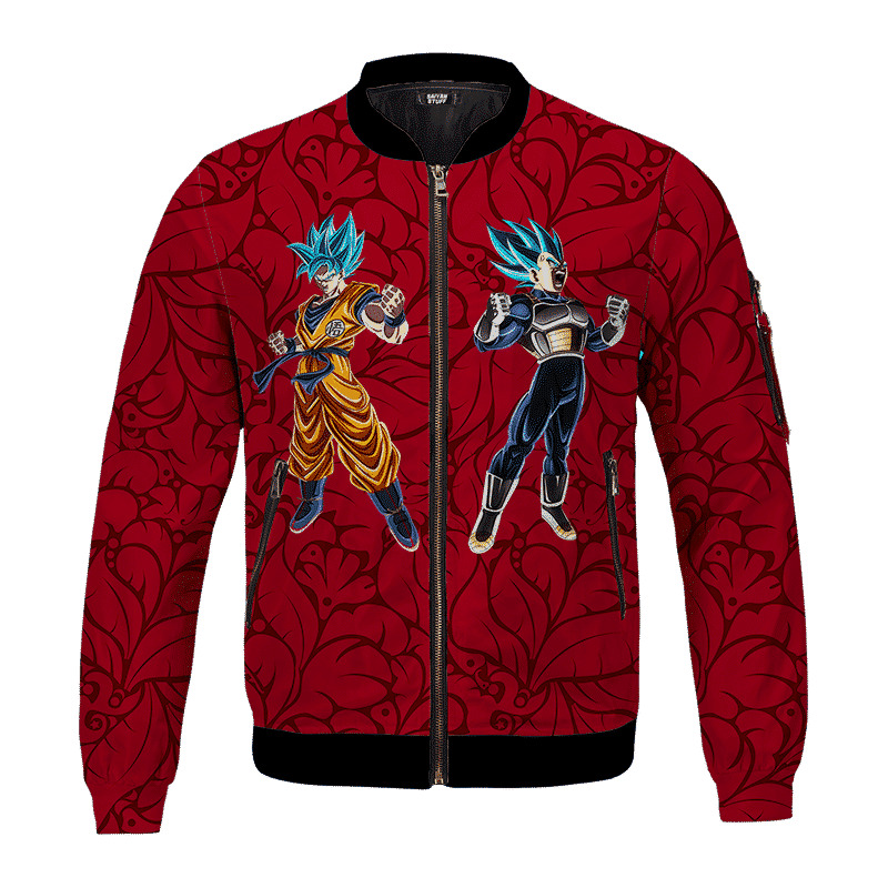 Goku Vegeta Mad Super Saiyan Blue Floral Red Cool Anime Bomber Jacket For Anime Manga Fans