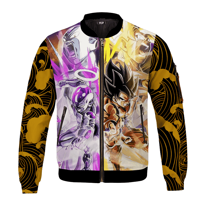 Frieza And Goku Awesome Pose Yellow Waves Cool Bomber Jacket For Anime Manga Fans