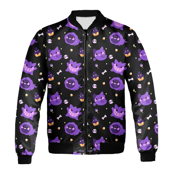 Pokemon Bomber Jacket Cute Chibi Gengar Evolution Pattern Bomber Black Purple For Anime Manga Fans