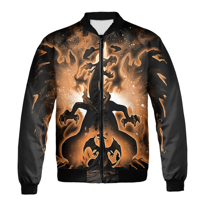 Pokemon Bomber Jacket Pokemon Charizard Silhouette Graphic Bomber Black Orange For Anime Manga Fans