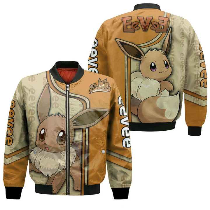 Pokemon Bomber Jacket Pokemon Eevee Graphic Name Pattern Bomber Brown For Anime Manga Fans