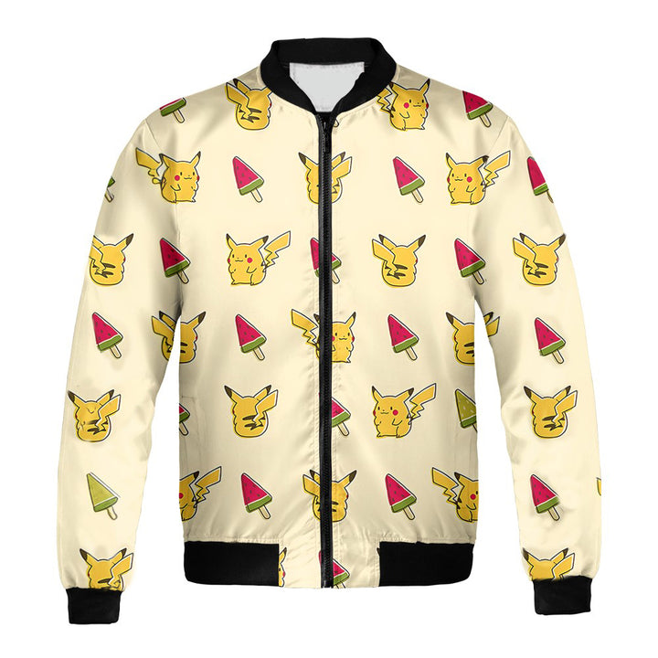 Pokemon Bomber Jacket Chibi Pikachu And Watermelon Pattern Bomber Yellow For Anime Manga Fans