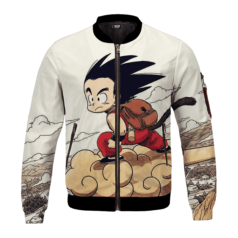 Flying Cute Kid Goku Cloud Nimbus Vintage Beige Bomber Jacket For Anime Manga Fans