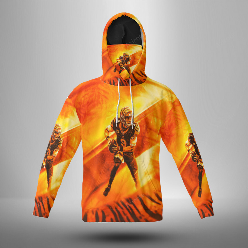Cincinnati Bengals Joe Burrow 9 Fire 3D Mask With Hoodie For Men And Women Nfl Fans Gear
