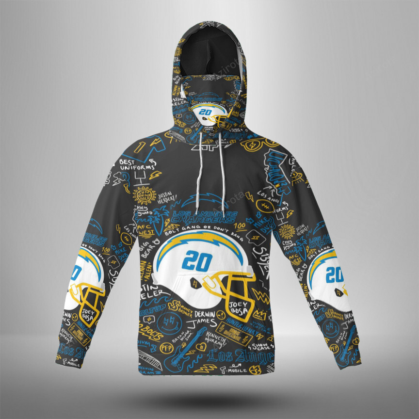 Los Angeles Chargers Helmet Text 3D Mask With Hoodie For Men And Women Nfl Fans Gear