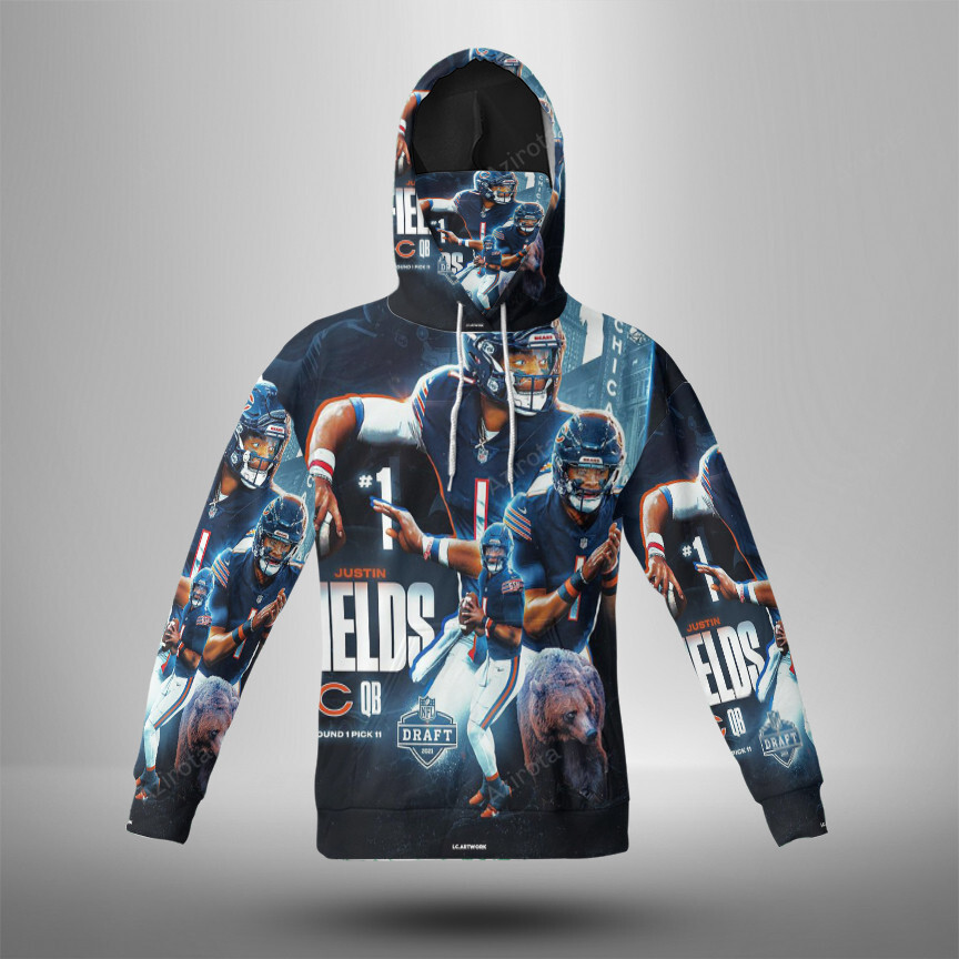 Chicago Bears Justin Fields12 3D Mask With Hoodie For Men And Women Nfl Fans Gear