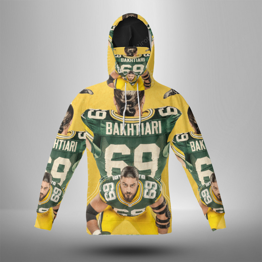 Green Bay Packers David Bakhtiari No69 3D Mask With Hoodie For Men And Women Nfl Fans Gear