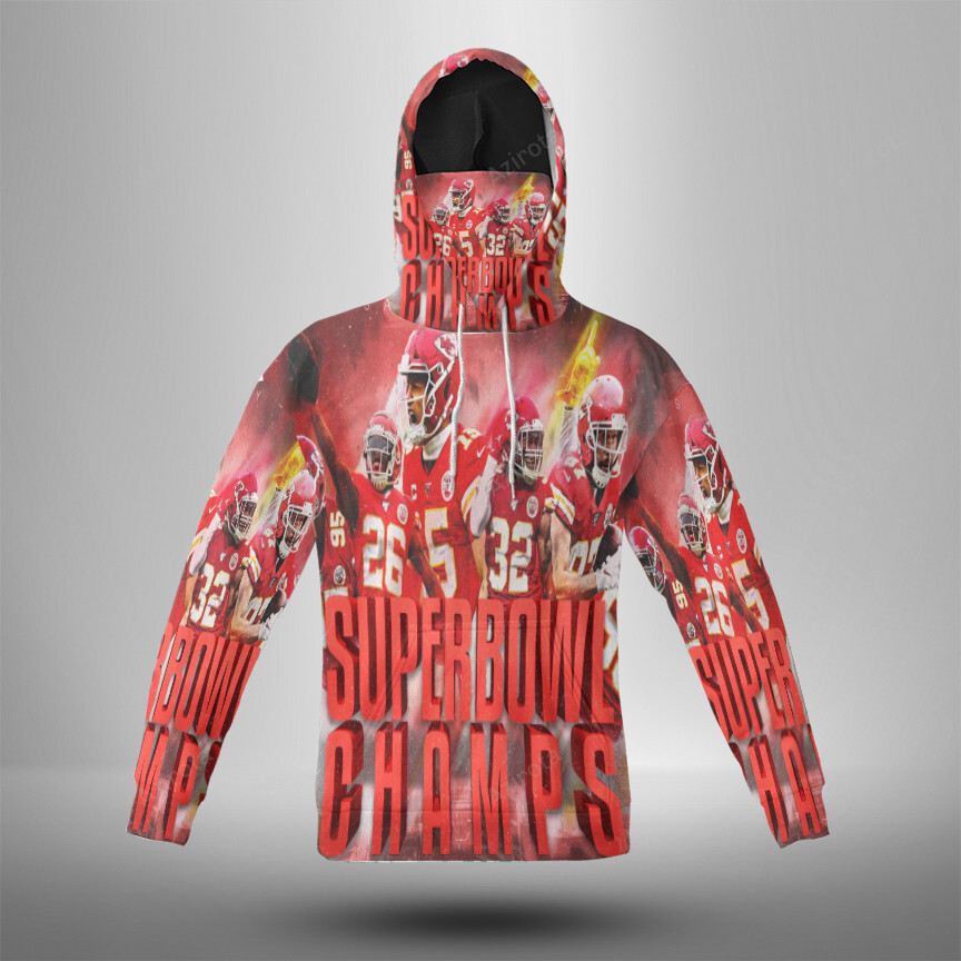 Kansas City Chiefs Team Super Bowl Champions 3D Mask With Hoodie For Men And Women Nfl Fans Gear
