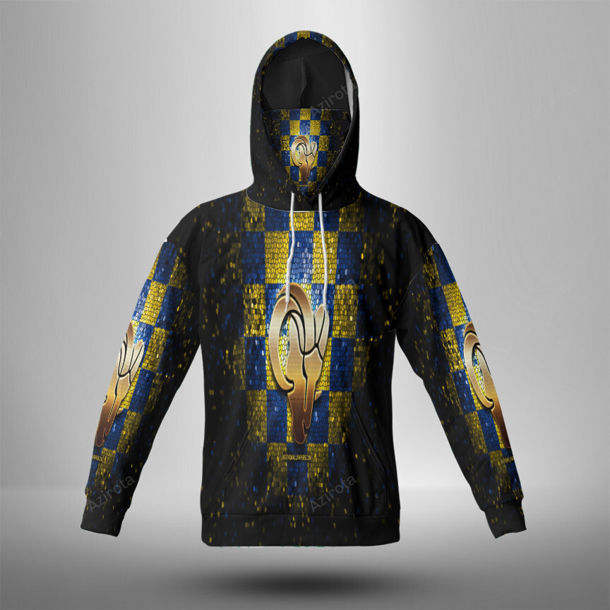Los Angeles Rams Golden Yellow Blue Glass 3D Mask With Hoodie For Men And Women Nfl Fans Gear