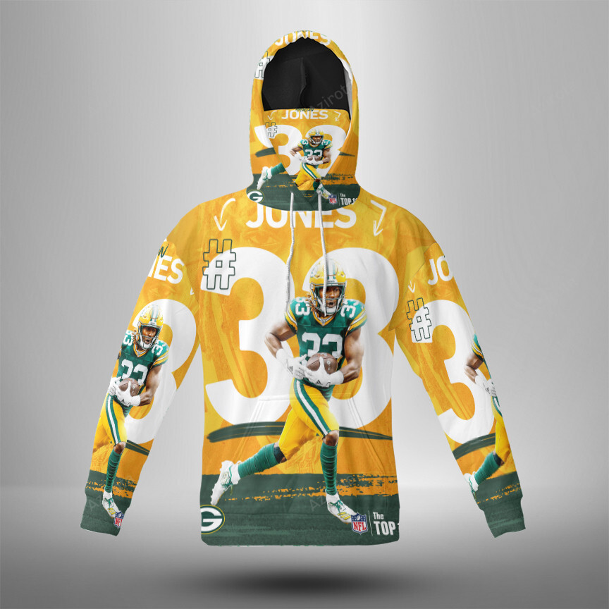 Green Bay Packers Aaron Jones No33 V3 3D Mask With Hoodie For Men And Women Nfl Fans Gear