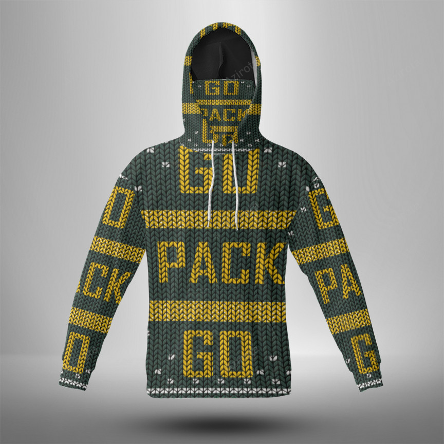 Green Bay Packers Go Pack Go Texture Print 3D Mask With Hoodie For Men And Women Nfl Fans Gear