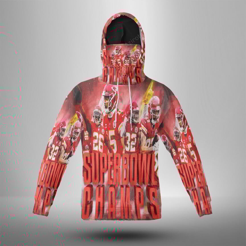 Kansas City Chiefs Team Super Bowl Champions 3D Mask With Hoodie For Men And Women Nfl Fans Gear