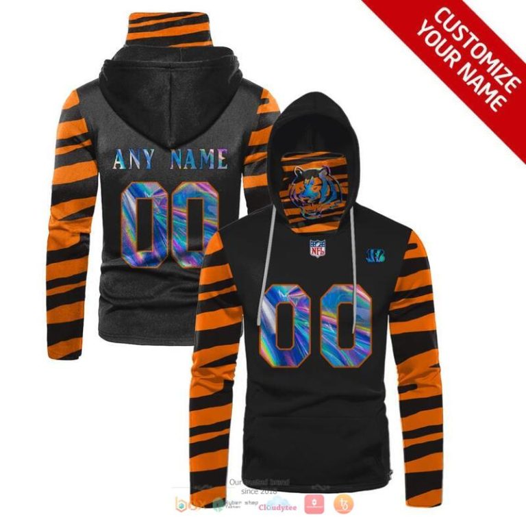 Nfl Cincinnati Bengals 3D Mask Hoodie Custom Name Fan Apparel For Men And Women Black Orange Stripe Hologram 