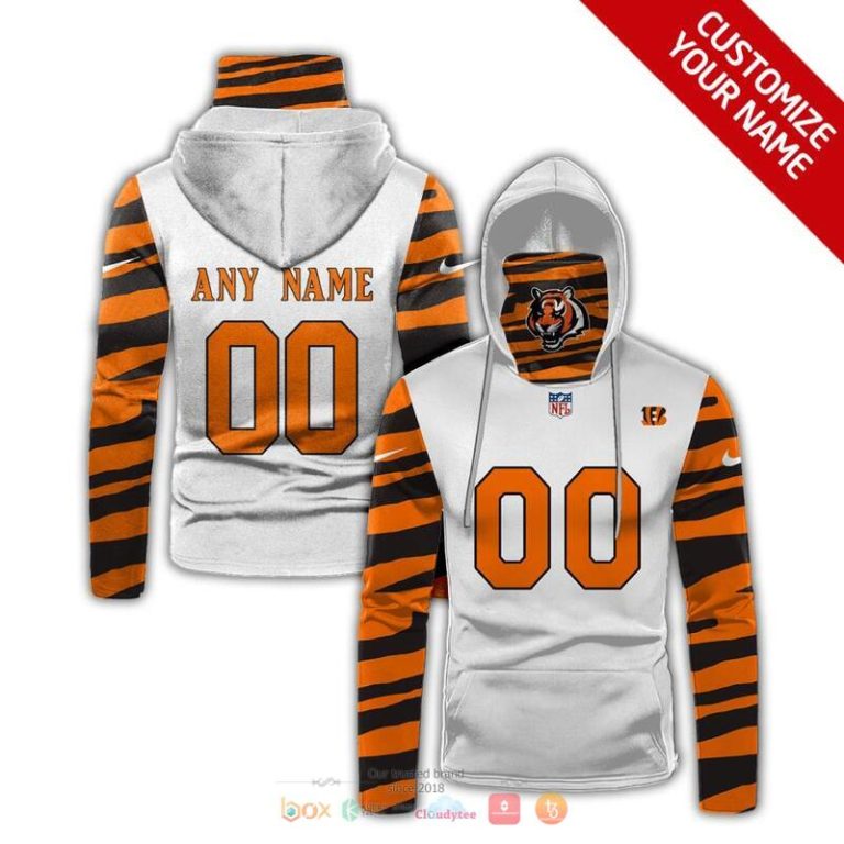 Nfl Cincinnati Bengals 3D Mask Hoodie Custom Name Fan Apparel For Men And Women White Orange Stripe 