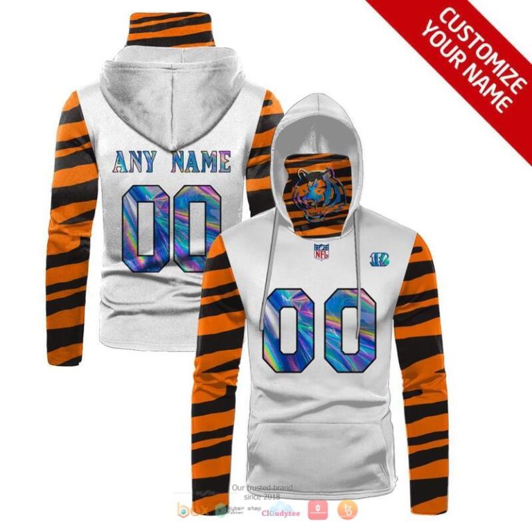 Nfl Cincinnati Bengals 3D Mask Hoodie Custom Name Fan Apparel For Men And Women White Orange Stripe Hologram 