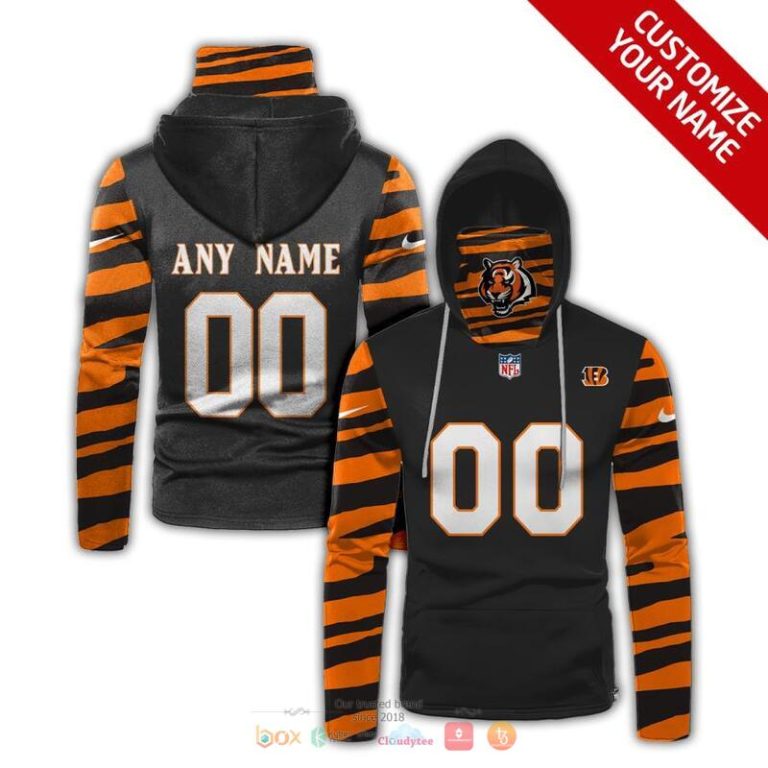 Nfl Cincinnati Bengals 3D Mask Hoodie Custom Name Fan Apparel For Men And Women Black Orange Stripe 