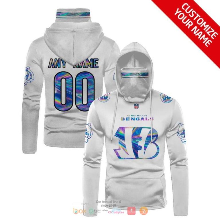 Nfl Cincinnati Bengals 3D Mask Hoodie Custom Name Fan Apparel For Men And Women White Hologram 