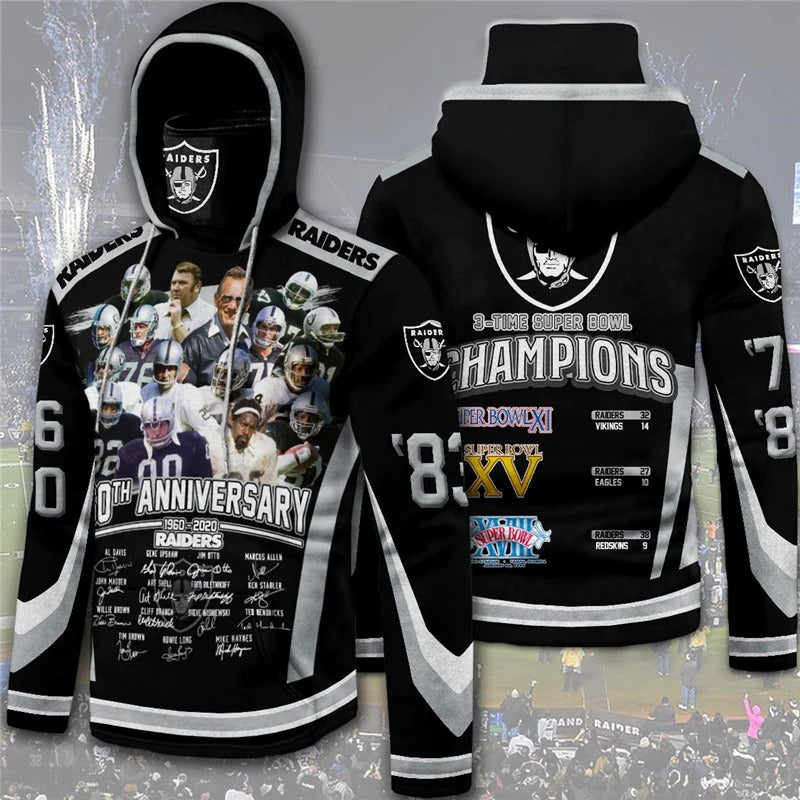 Las Vegas Raiders Hoodies 3 Times Super Bowl Champions 3D Mask With Hoodie