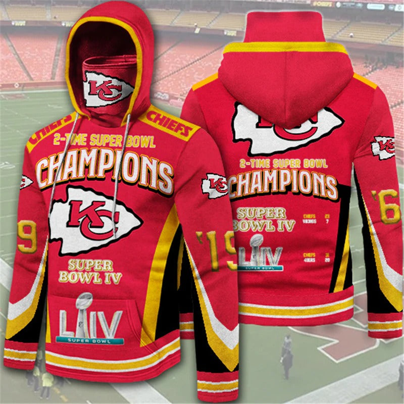 Kansas City Chiefs Hoodie Mens 2 Times Super Bowl Champions 3D Mask With Hoodie