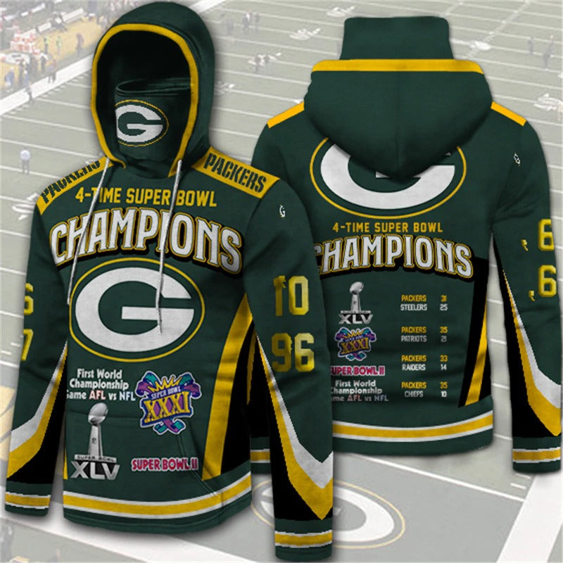 Green Bay Packers Hoodies Mens 4 Times Super Bowl Champions 3D Mask With Hoodie