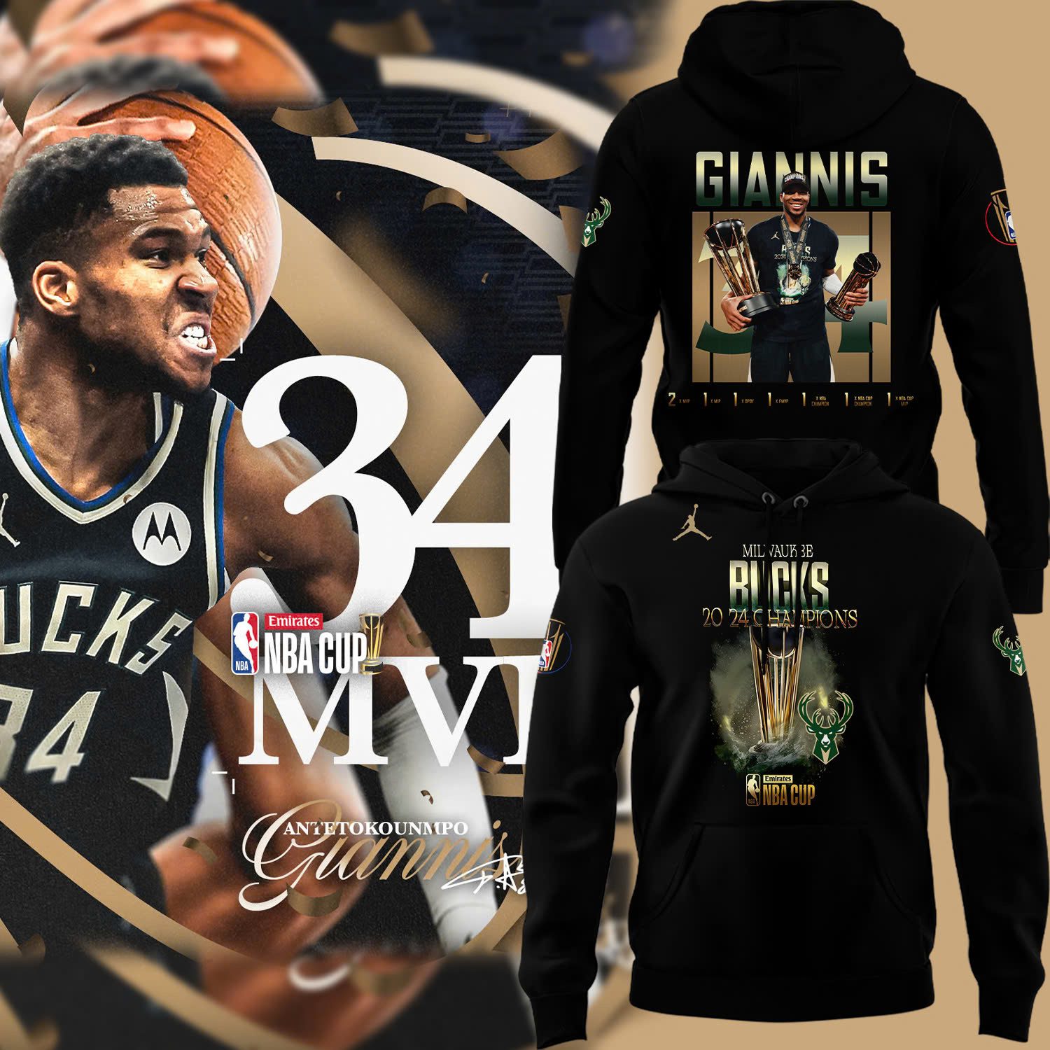 Giannis Antetokounmpo Nba Cup Champions Milwaukee Bucks Basketball Hoodie