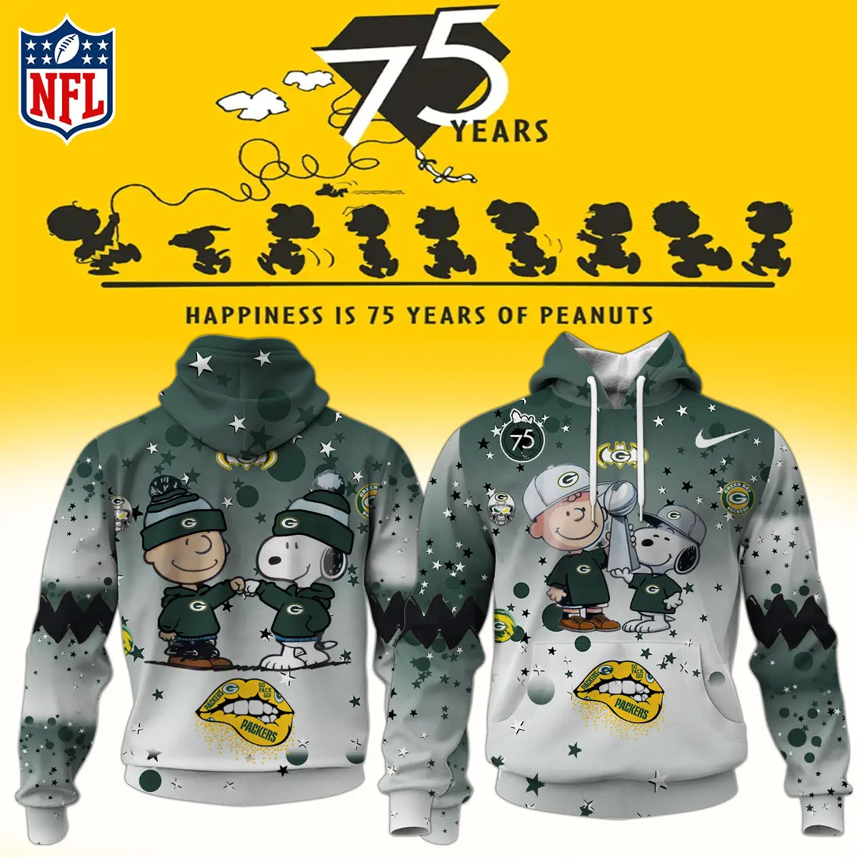Green Bay Packers Nfl Snoopy And Charlie Brown Peanuts 75Th Anniversary Hoodie