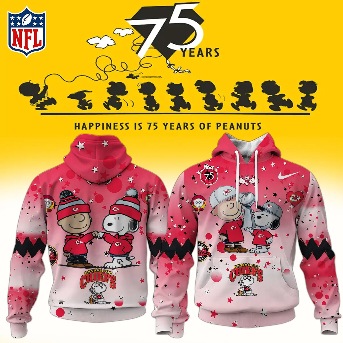 Kansas City Chiefs Nfl Snoopy And Charlie Brown Peanuts 75Th Anniversary Hoodie