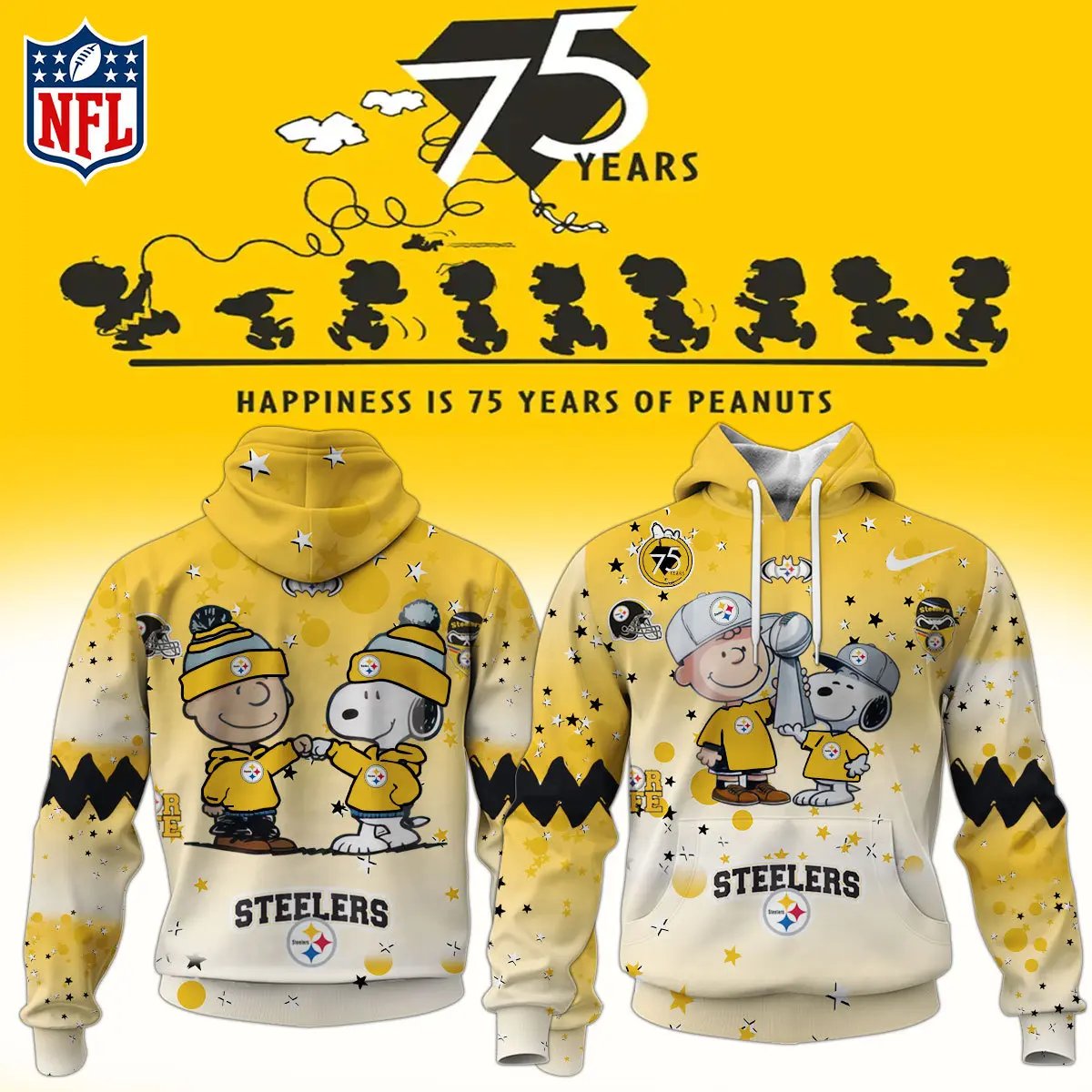 Pittsburgh Steelers Nfl Snoopy And Charlie Brown Peanuts 75Th Anniversary Hoodie
