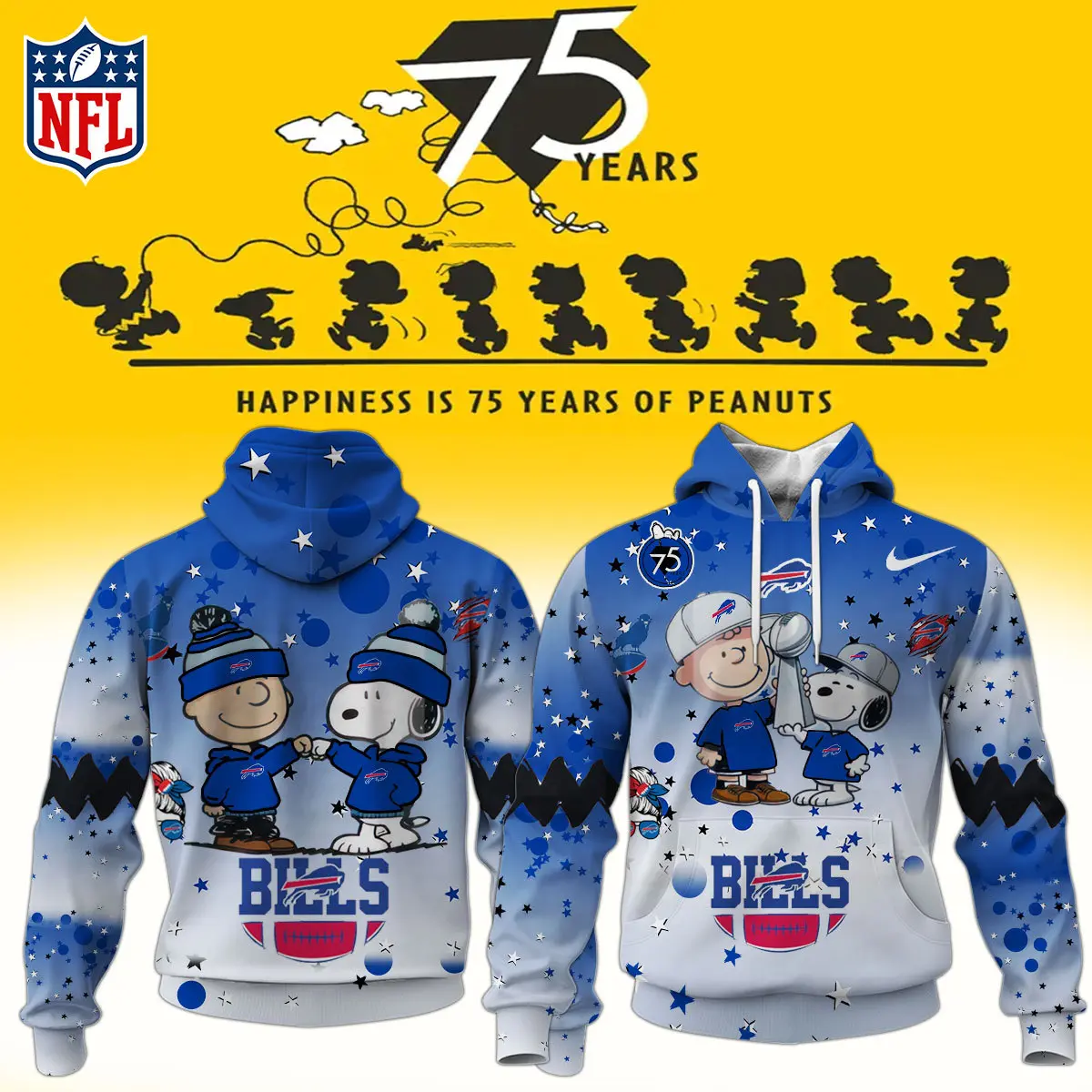 Buffalo Bills Nfl Snoopy And Charlie Brown Peanuts 75Th Anniversary Hoodie