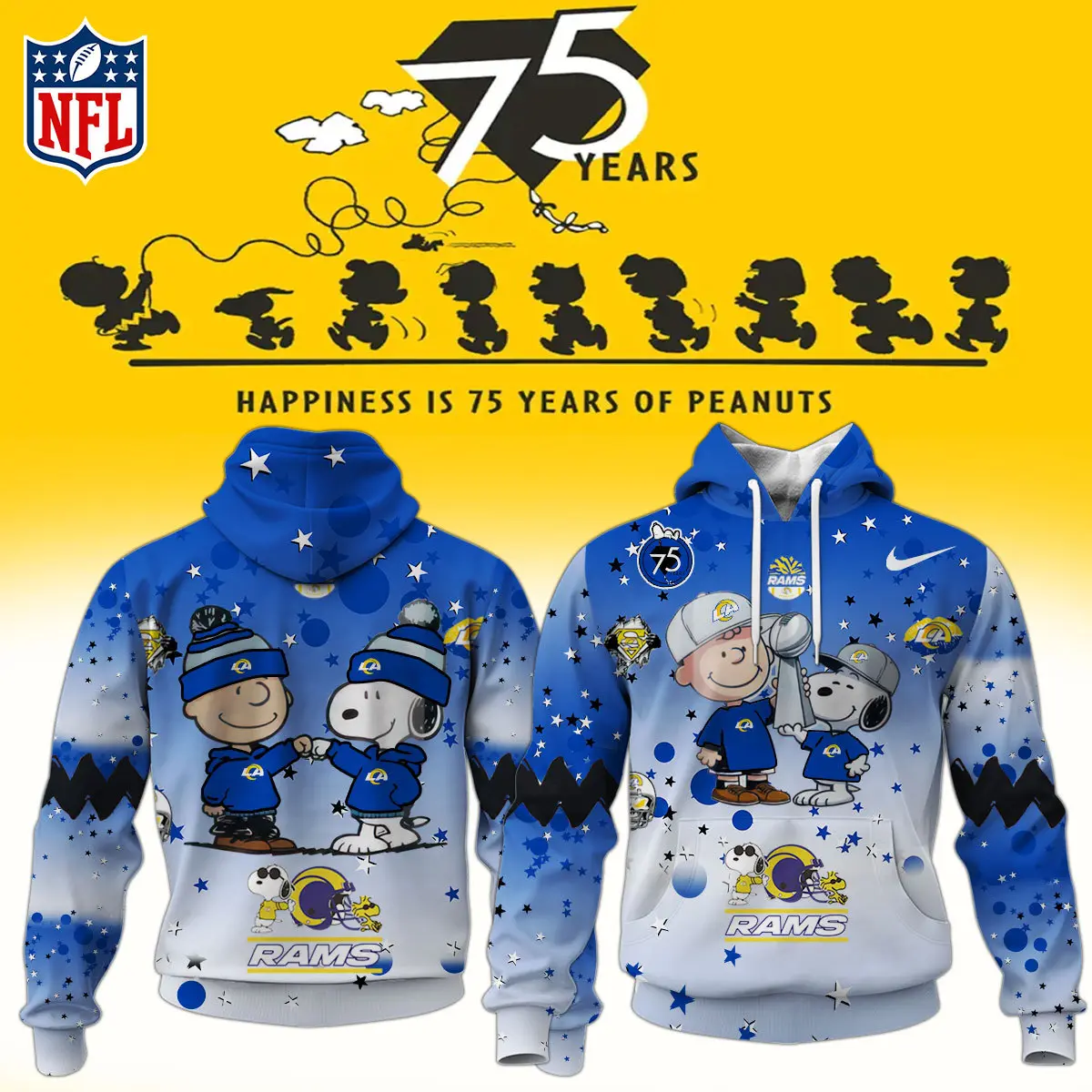 Los Angeles Rams Nfl Snoopy And Charlie Brown Peanuts 75Th Anniversary Hoodie
