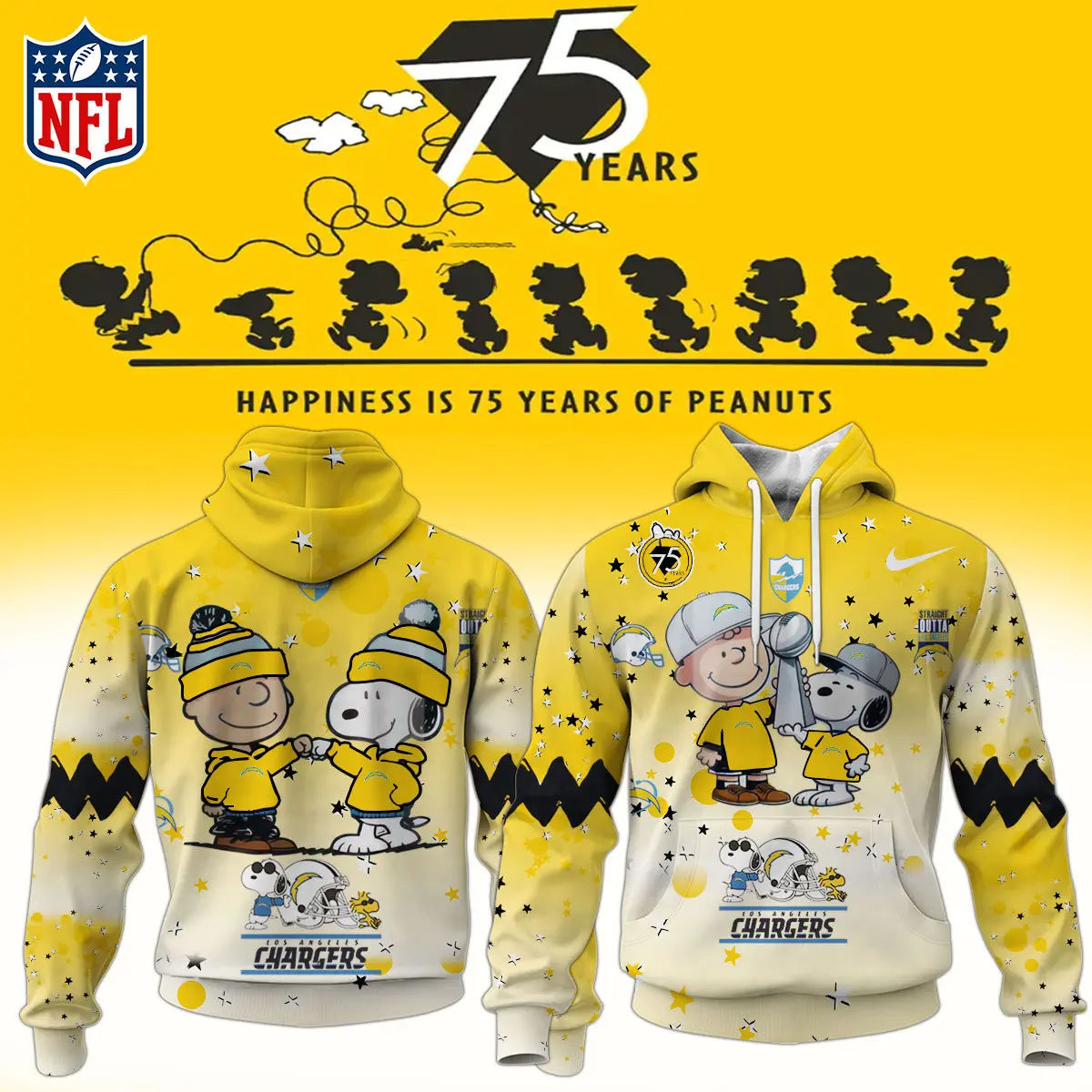 Los Angeles Chargers Nfl Snoopy And Charlie Brown Peanuts 75Th Anniversary Hoodie