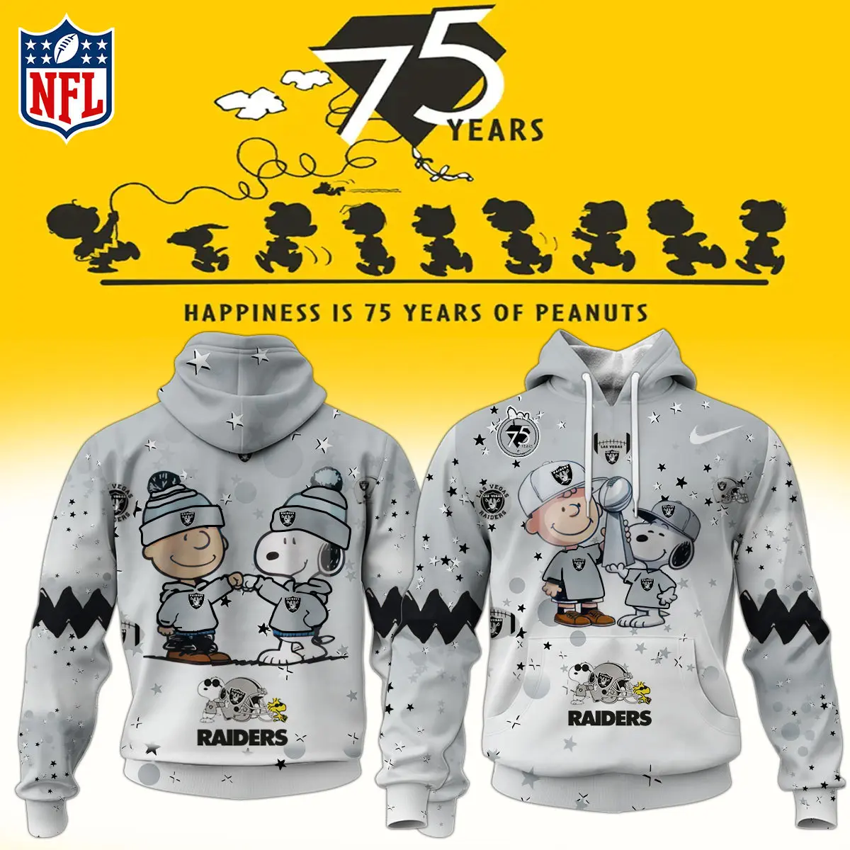 Las Vegas Raiders Nfl Snoopy And Charlie Brown Peanuts 75Th Anniversary Hoodie