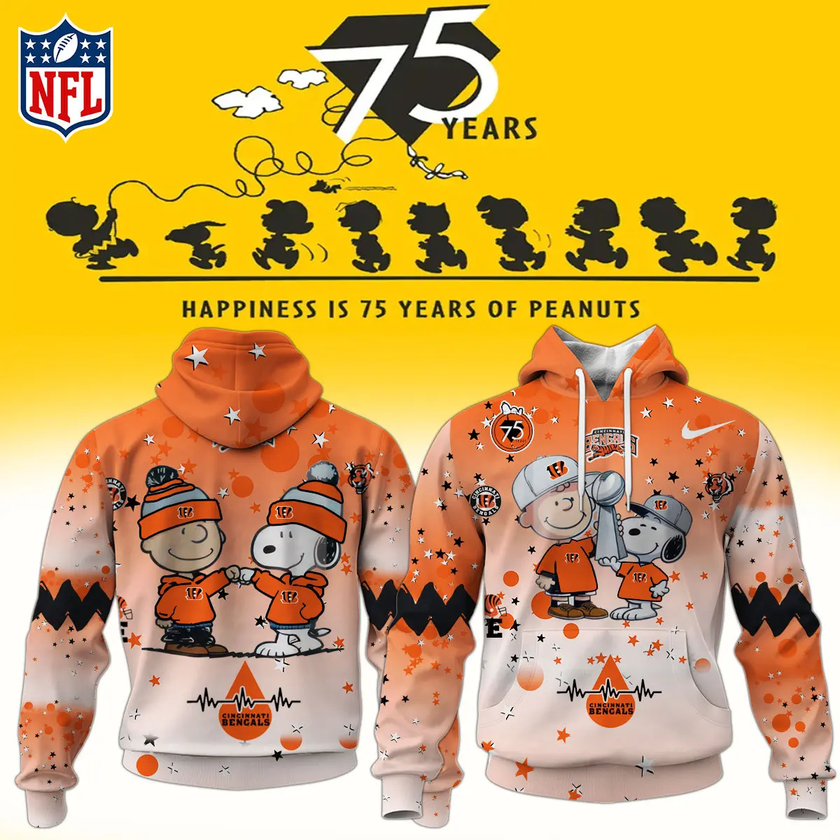 Cincinnati Bengals Nfl Snoopy And Charlie Brown Peanuts 75Th Anniversary Hoodie