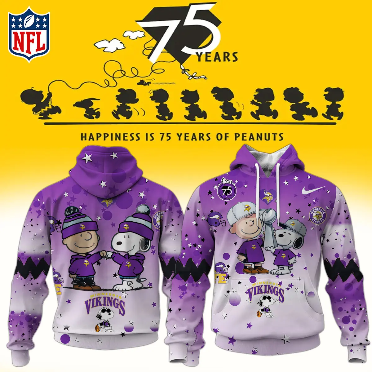 Minnesota Vikings Nfl Snoopy And Charlie Brown Peanuts 75Th Anniversary Hoodie