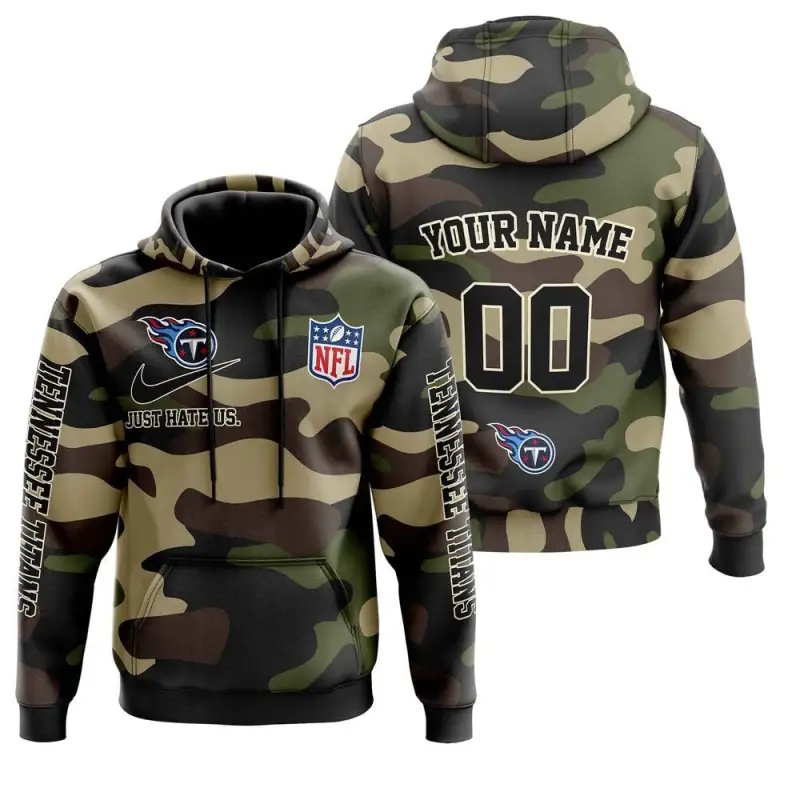 Tennessee Titans Nfl Just Hate Us Camouflage Custom Name And Number Hoodie 2025