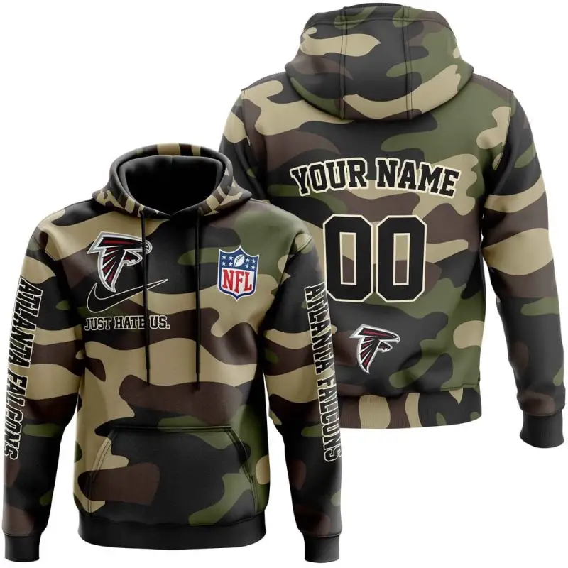 Atlanta Falcons Nfl Just Hate Us Camouflage Custom Name And Number Hoodie 2025