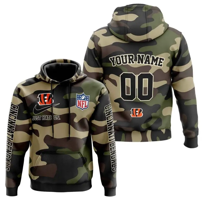 Cincinnati Bengals Nfl Just Hate Us Camouflage Custom Name And Number Hoodie 2025