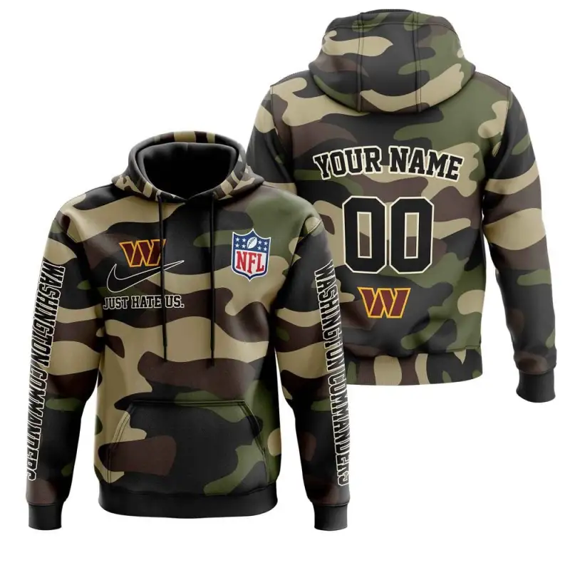 Washington Commanders Nfl Just Hate Us Camouflage Custom Name And Number Hoodie 2025